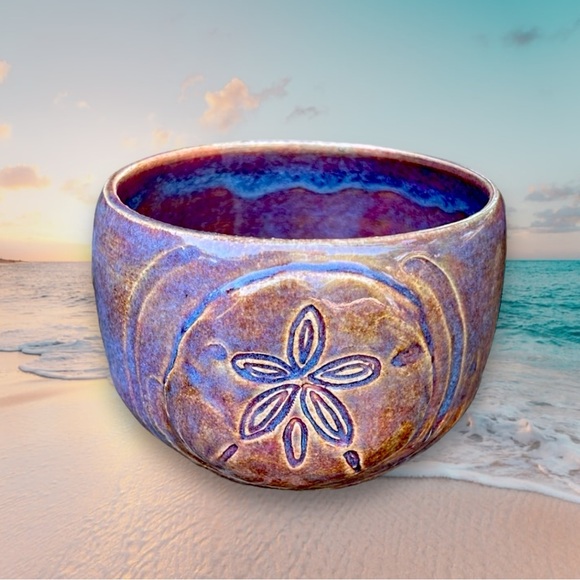 Sand Dollar Pink & Blue Stoneware Pottery Planter/Sea Shell Lover Gift 4x4” - Picture 1 of 11